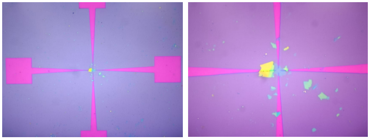 機械剝離的二維材料樣品利用無掩模光刻機光刻電極并鍍膜剝離的結果 機械剝離的二維材料樣品利用無掩模光刻機光刻電極并鍍膜剝離的結果